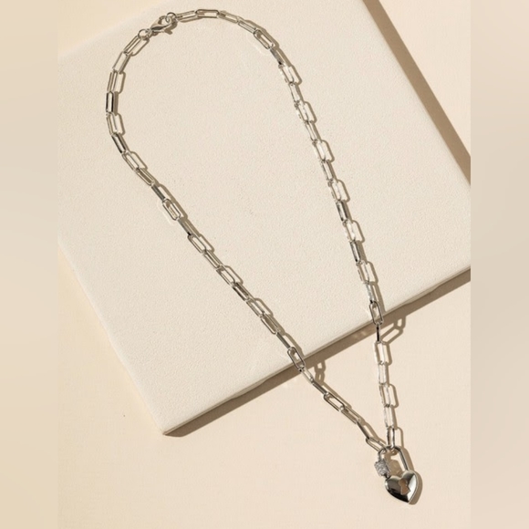 Silver Chain Necklace with Heart Lock Charm - Picture 2 of 7